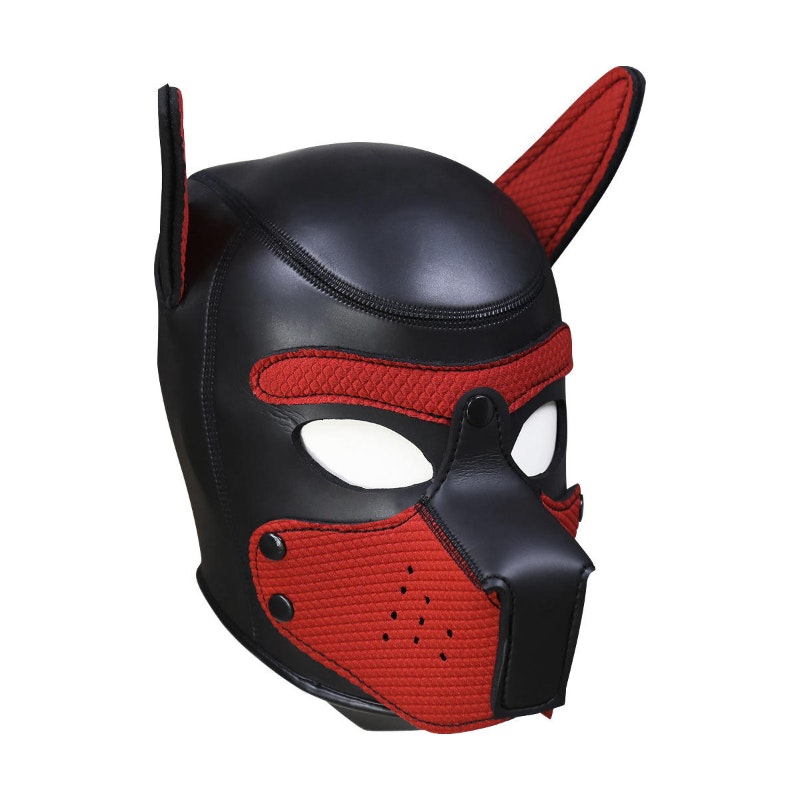 Red rubber puppy play mask for pet play with toy poodle design