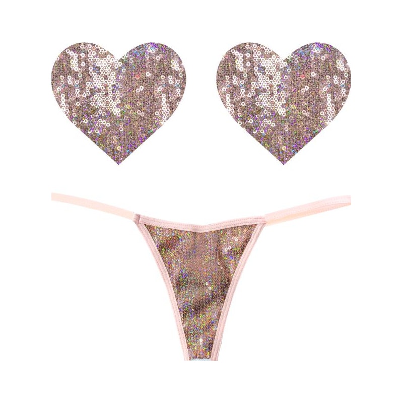 Bubbly Feels Nude Sequin Pantie and Heart Pastie Set - Naughty by Nature Adult Store