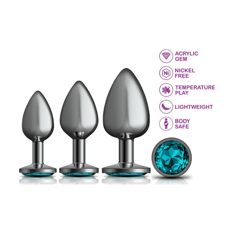 Cheeky Charms Round Metal Butt Plug Gunmetal 3 Pc Kit w Teal Jewel - Naughty by Nature Adult Store