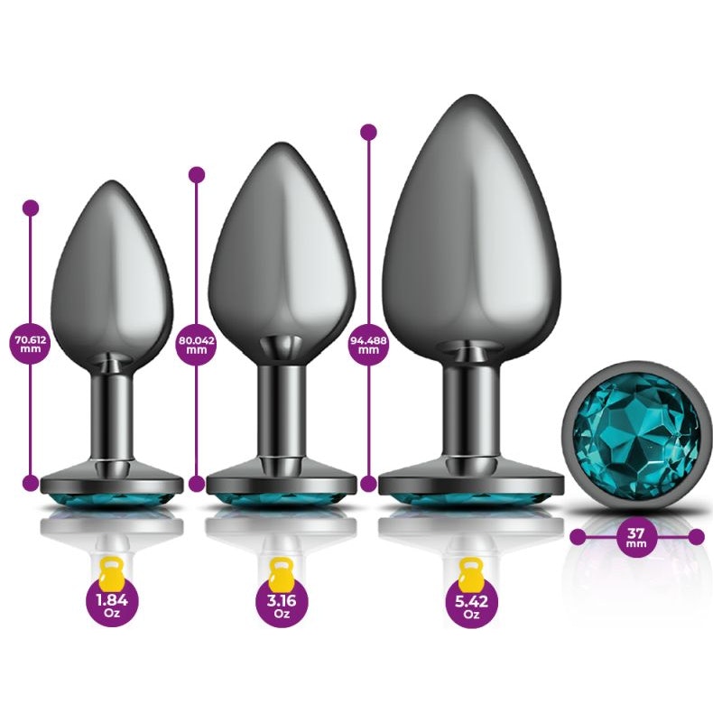 Cheeky Charms Round Metal Butt Plug Gunmetal 3 Pc Kit w Teal Jewel - Naughty by Nature Adult Store