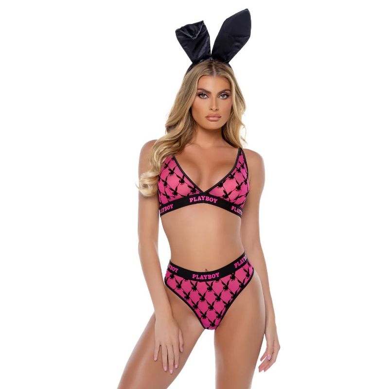 Playboy Flocked Bunny 2 Pc Lingerie Set Pink - Naughty by Nature Adult Store