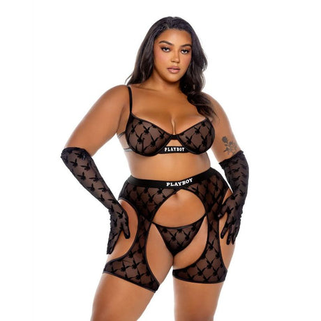 Playboy Flocked Bunny Chaps 3 Pc Set  Black - Naughty by Nature Adult Store