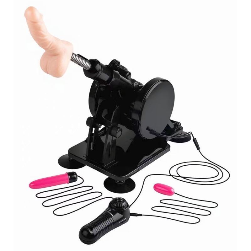 MixJoy Cannon Sex Machine with wired remote, dildo attachment, and two pink vibrating accessories.
