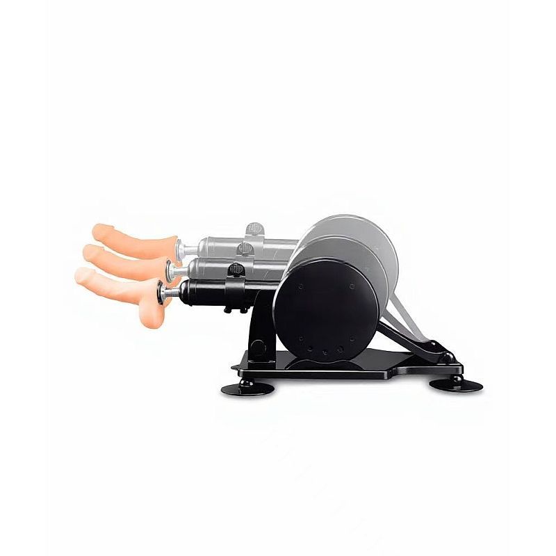 A black wired thrusting sex machine with an adjustable angle and a flesh-colored dildo attachment.