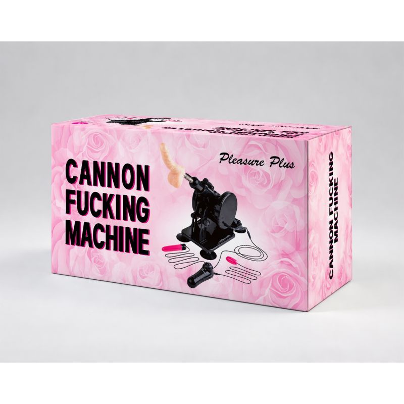 MixJoy Cannon Sex Machine in a pink floral box with a wired thrusting device and accessories.