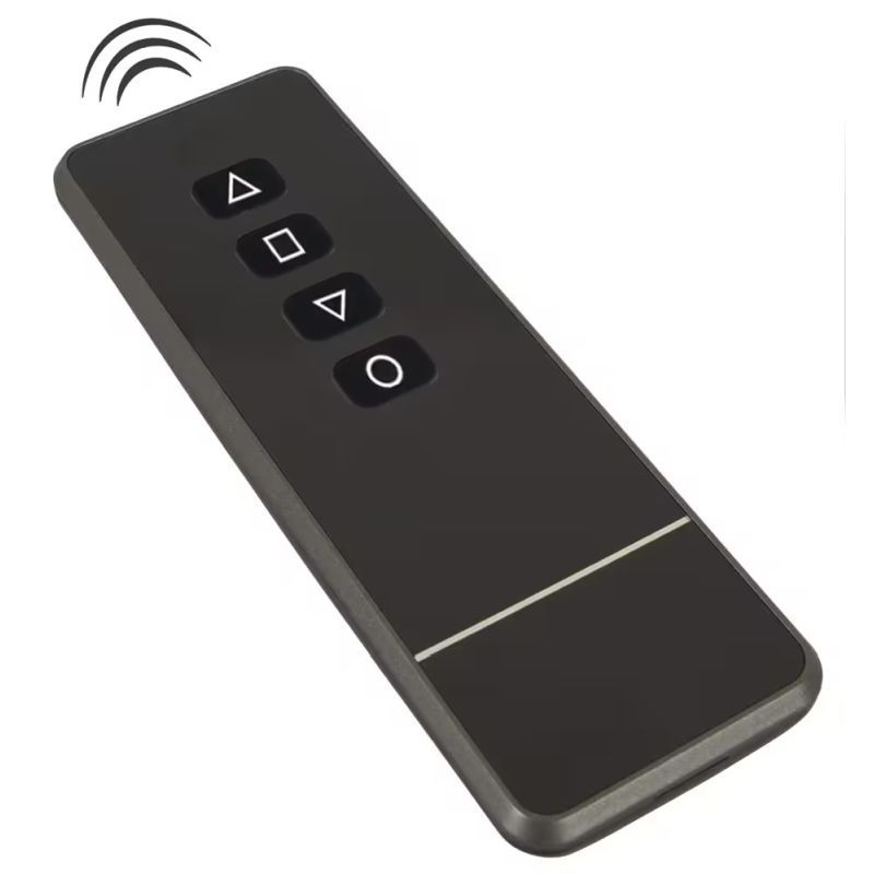 A black wireless remote control with four white geometric buttons and a signal icon at the top.