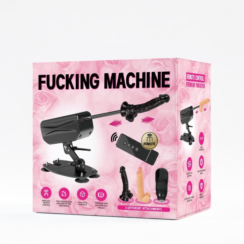 MixJoy sex machine kit in a pink rose box with remote control and three interchangeable attachments.