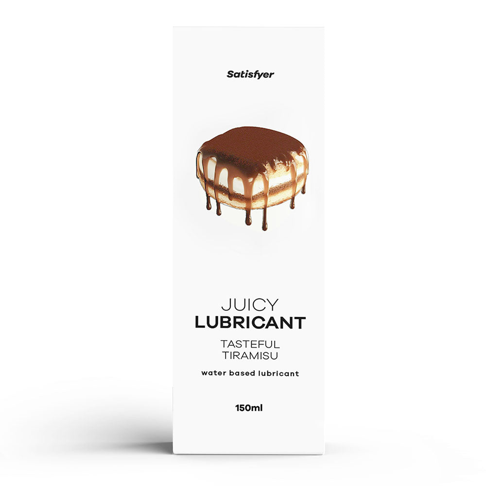Satisfyer Juicy Tiramisu water-based lubricant in a white 150ml bottle with a tiramisu illustration.
