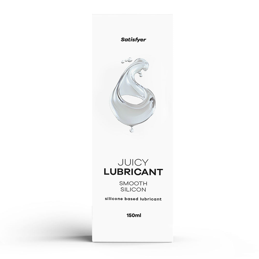 A 150 ml white box of Satisfyer Juicy Silicone Lubricant with a clear liquid splash graphic.
