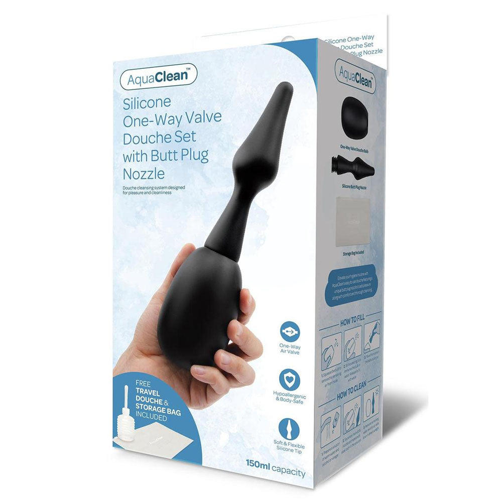 AquaClean Silicone 1-Way Valve Douche Set with Butt Plug Nozzle - 150 ml Capacity with Free Travel Douche Included - Naughty by Nature Adult Store