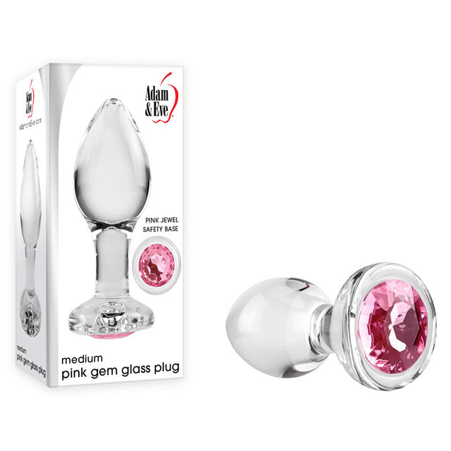 Adam & Eve PINK GEM GLASS PLUG MEDIUM - Clear Glass 8.7 cm Butt Plug with Pink Gem Base - Naughty by Nature Adult Store