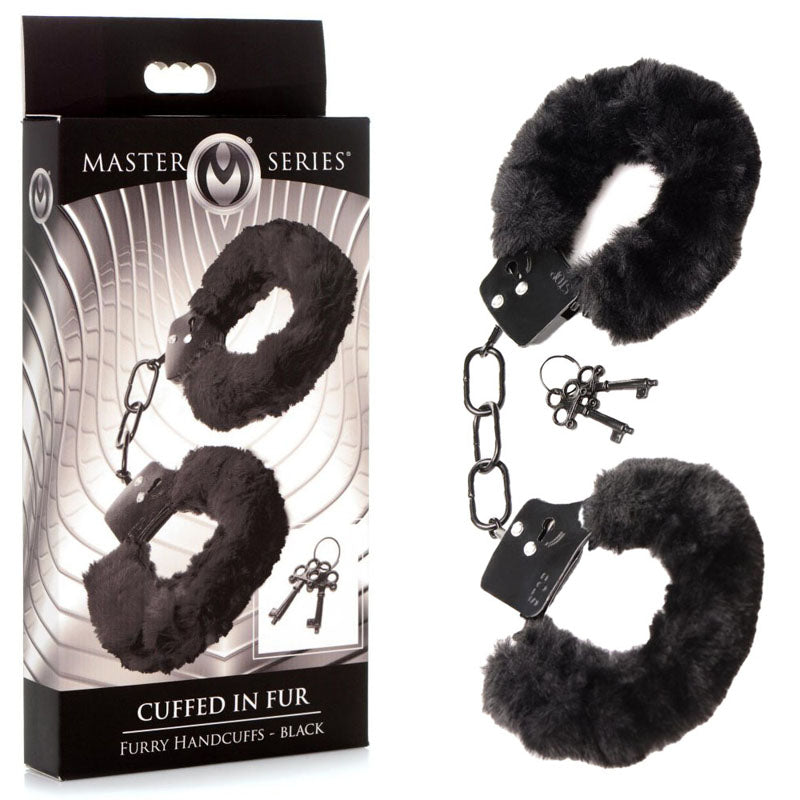 Master Series Cuffed in Fur - Black Fluffy Handcuffs - Naughty by Nature Adult Store