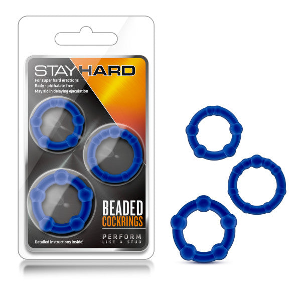 Stay Hard Beaded Cockrings - Blue Cock Rings - Set of  3 Sizes - Naughty by Nature Adult Store
