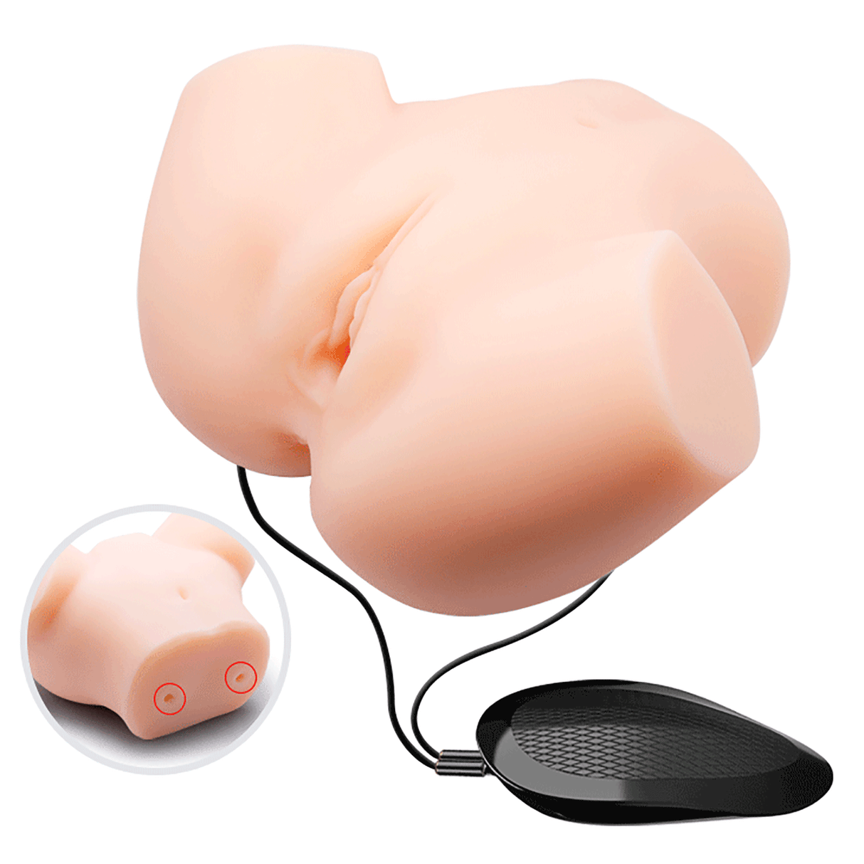 A lifelike TPR torso masturbator with dual entries and a wired remote control for vibration.