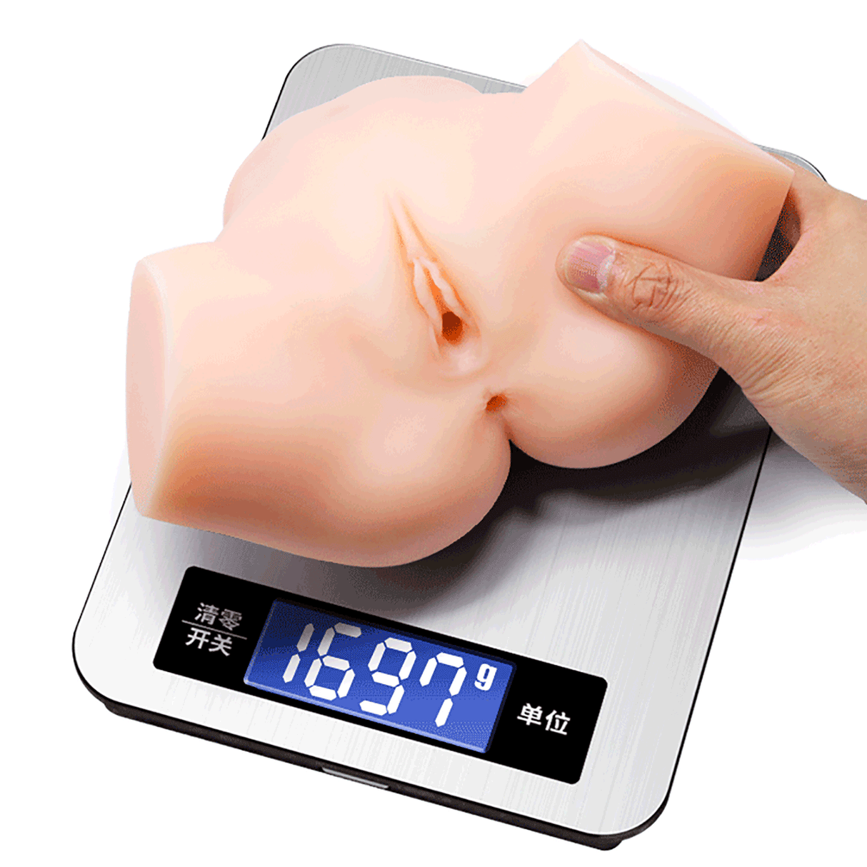 A lifelike TPR sex doll torso with dual entries being weighed on a digital scale showing 1697g.