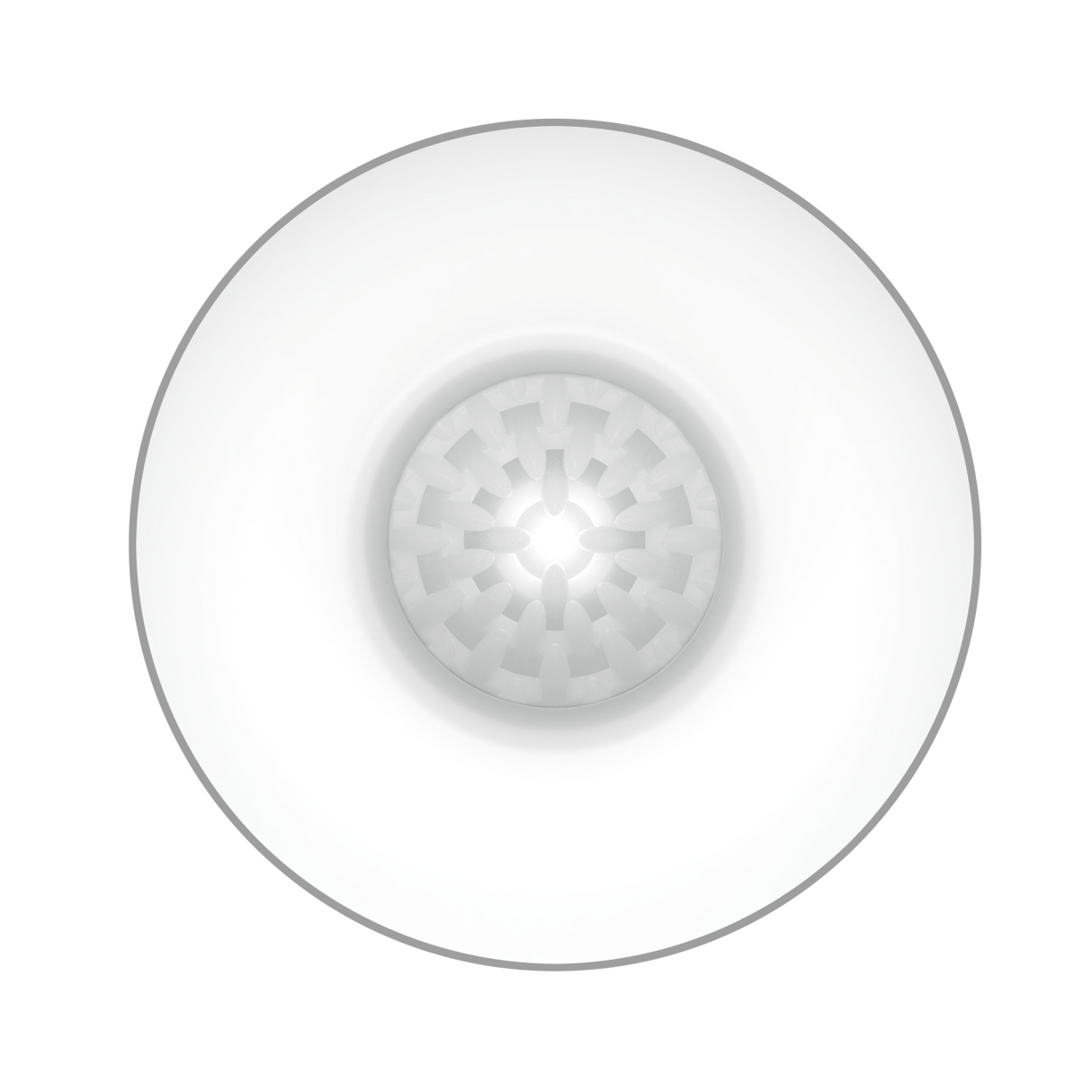 Top-down view of a white ribbed TPR male masturbator with a textured internal tunnel.