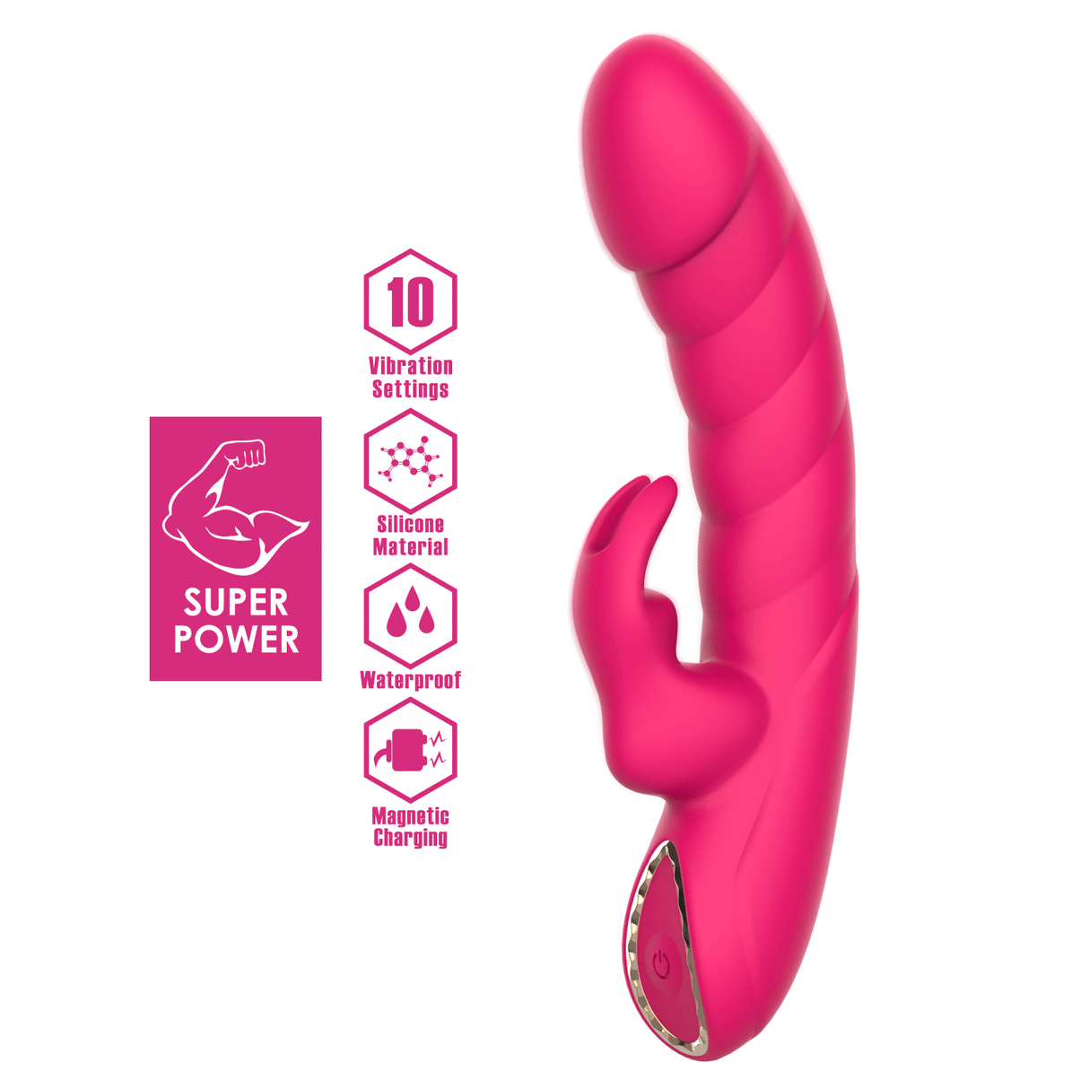 A pink dual-motor rabbit vibrator with a textured shaft and icons highlighting its features.