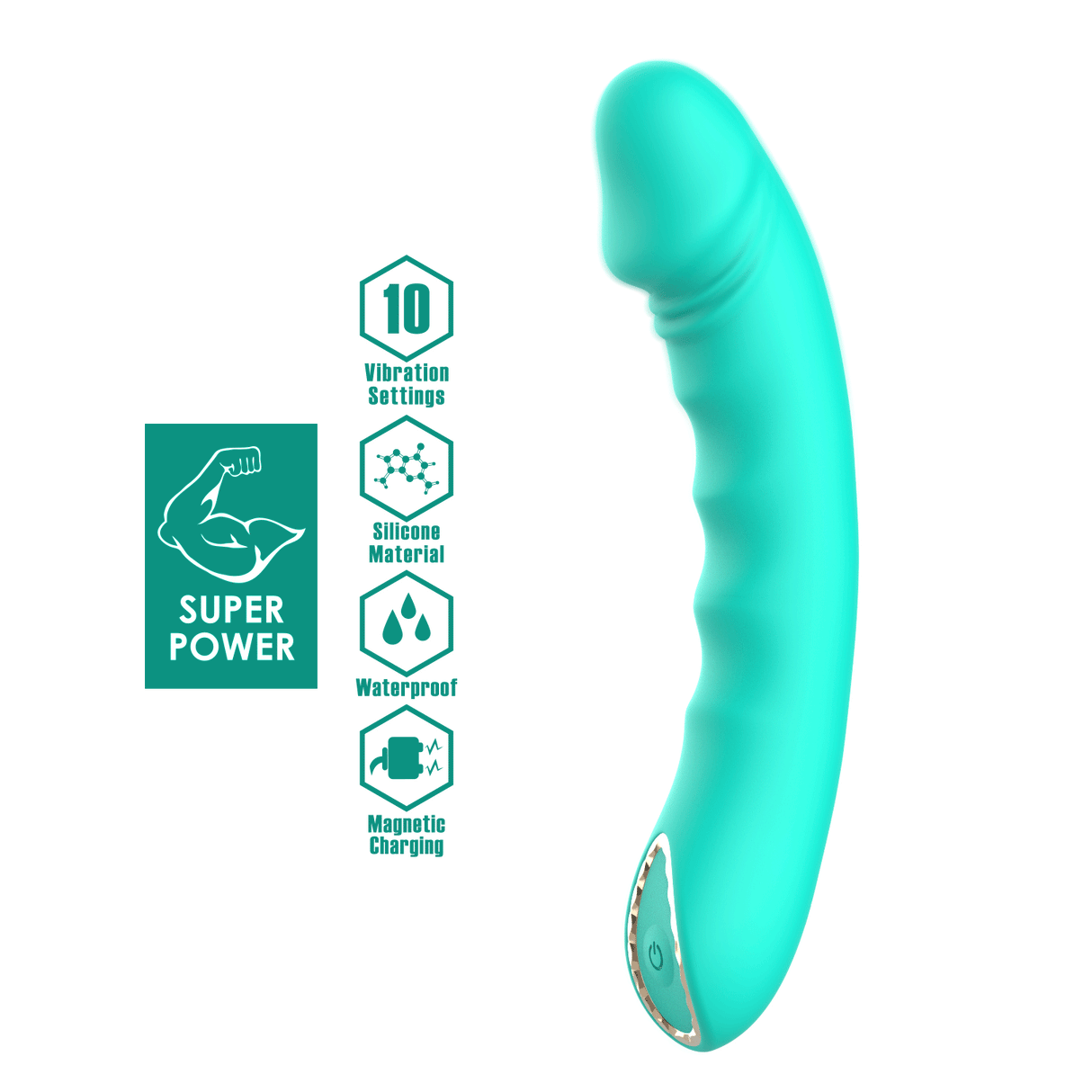 A teal silicone vibrator with a textured shaft, 10 vibration modes, and magnetic charging.