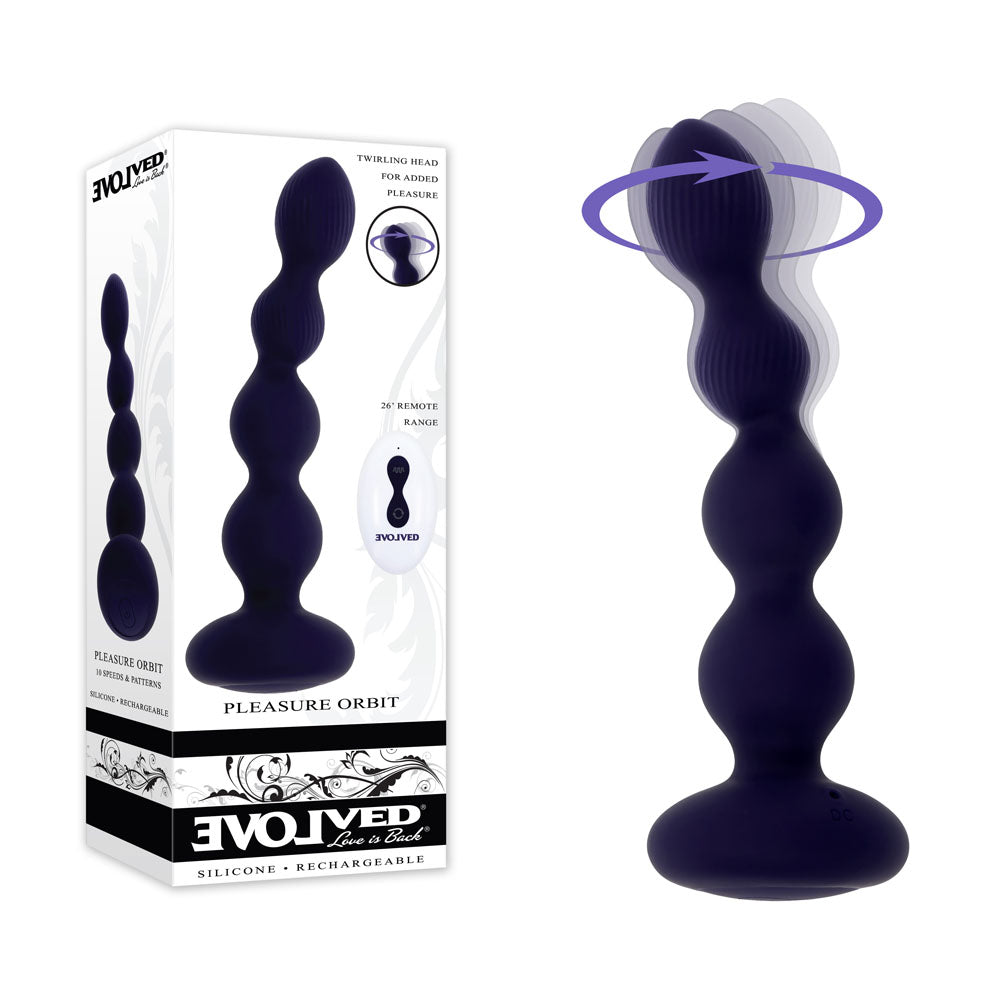 Evolved PLEASURE ORBIT - Navy Blue 17.8 cm USB Rechargeable Twirling & Vibrating Anal Beads with Remote - Naughty by Nature Adult Store