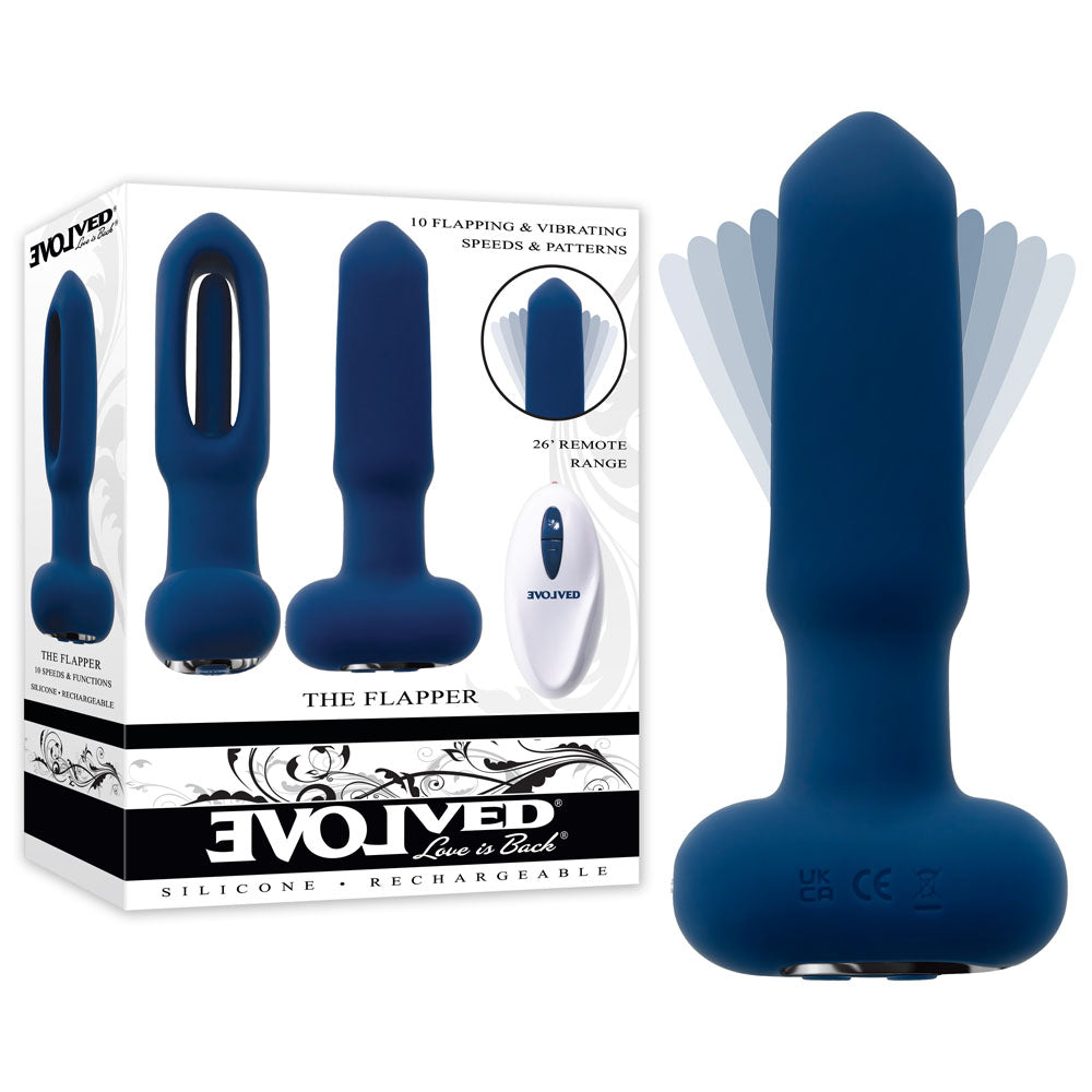Evolved THE FLAPPER - Blue 14 cm USB Rechargeable Vibrating and Flapping Butt Plug with Remote - Naughty by Nature Adult Store