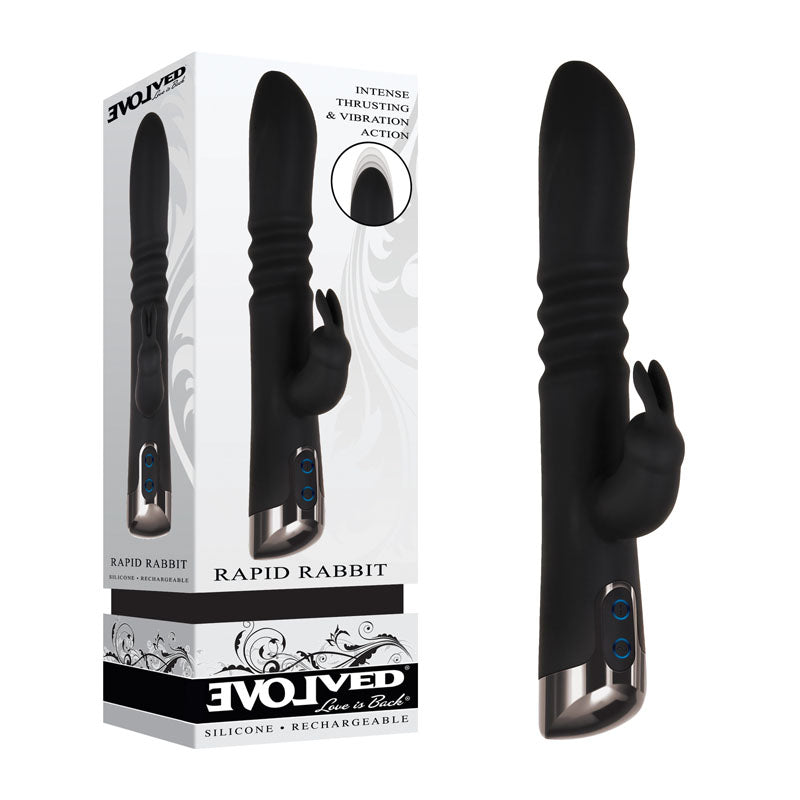 Evolved Rapid Rabbit - Black 25.4 cm USB Rechargeable Thrusting Rabbit Vibrator - Naughty by Nature Adult Store