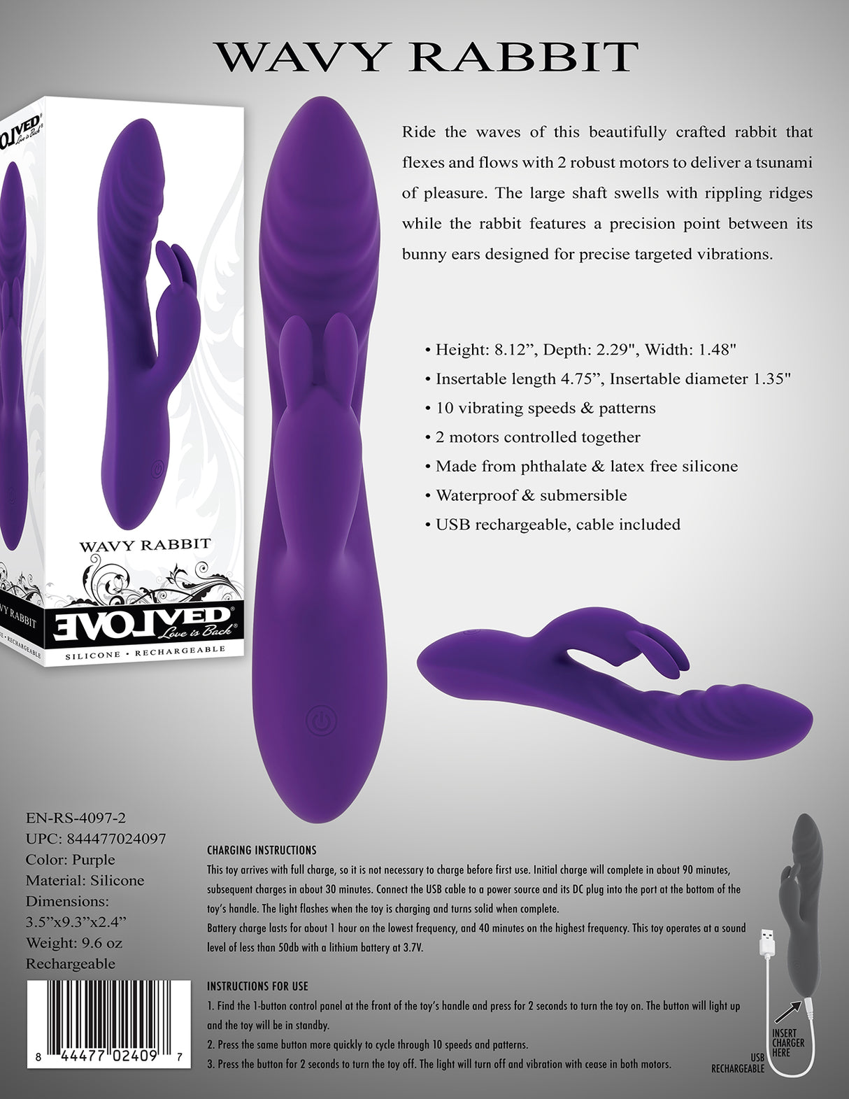 Evolved WAVY RABBIT - Purple 20.6 cm USB Rechargeable Rabbit Vibrator - Naughty by Nature Adult Store