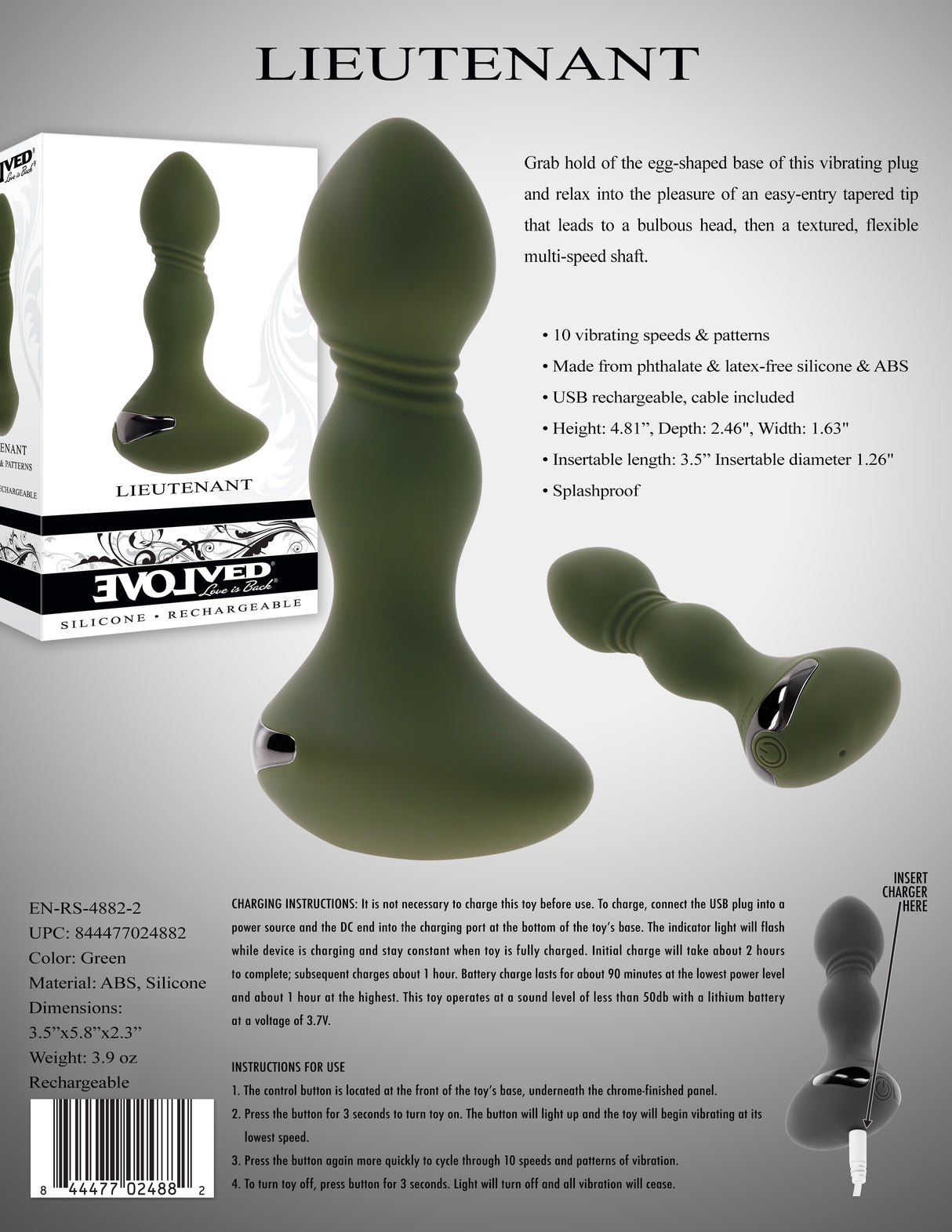 Evolved LIEUTENANT - Green 12.2 cm USB Rechargeable Vibrating Butt Plug - Naughty by Nature Adult Store