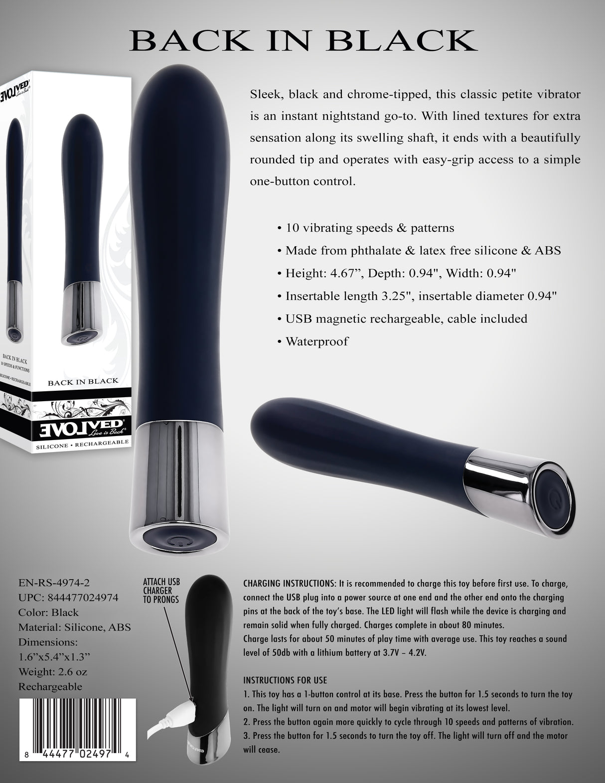 Evolved BACK IN BLACK - Black 11.9 cm USB Rechargeable Bullet
