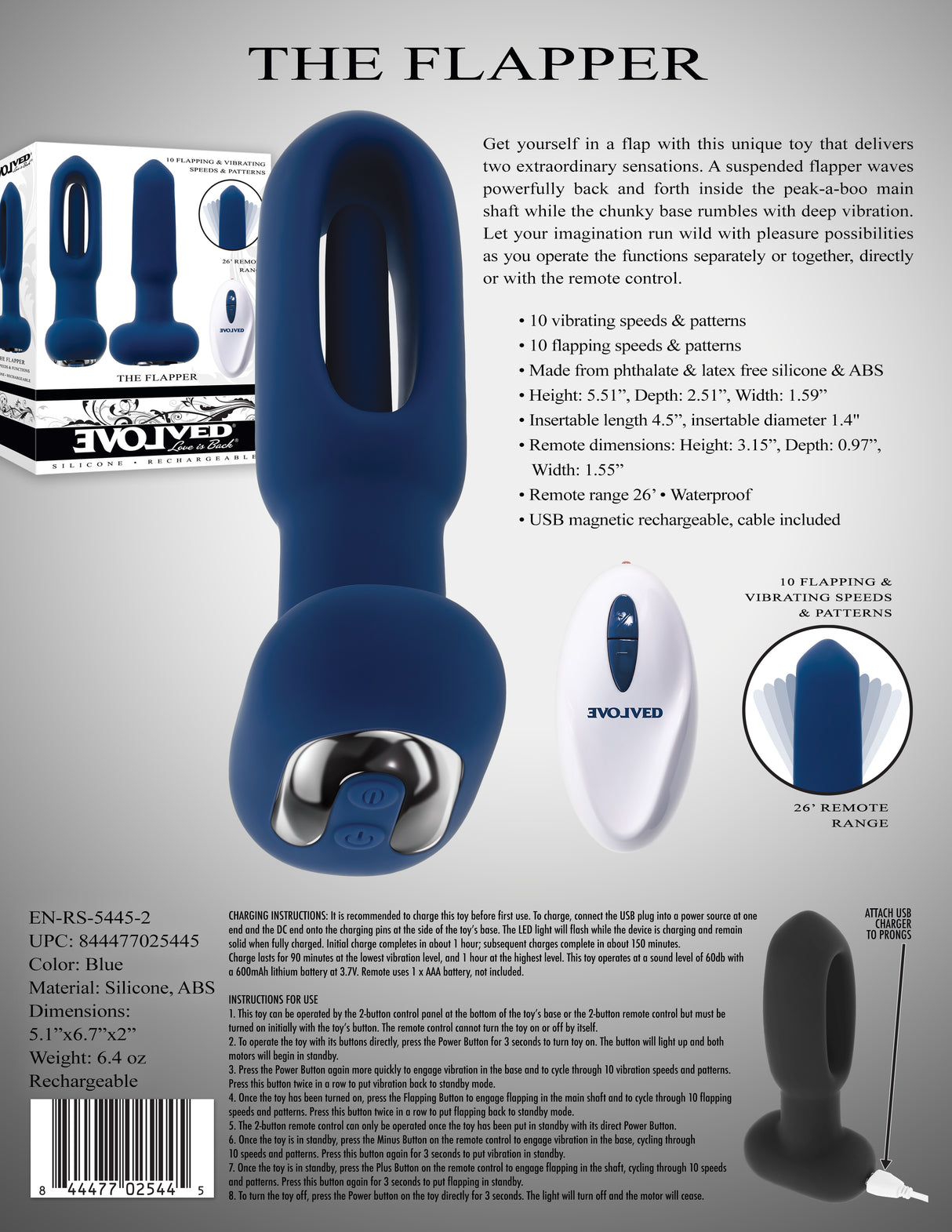 Evolved THE FLAPPER - Blue 14 cm USB Rechargeable Vibrating and Flapping Butt Plug with Remote - Naughty by Nature Adult Store