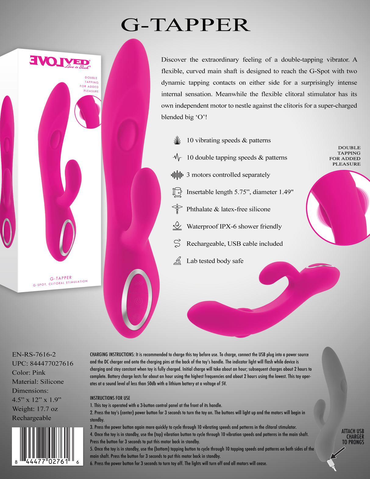 Evolved G Tapper Pink Rechargeable Rabbit Vibrator