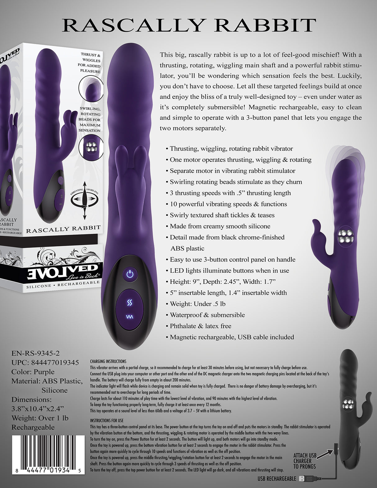 Evolved RASCALLY RABBIT - Purple 22.9 cm USB Rechargeable Rabbit Vibrator - Naughty by Nature Adult Store