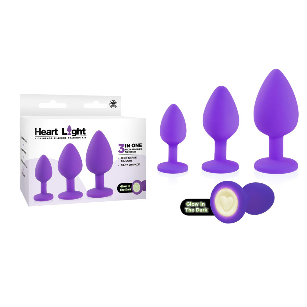 Heart Light - Purple - Purple Butt Plugs with Glow in Dark Bases - Set of 3 Sizes - Naughty by Nature Adult Store