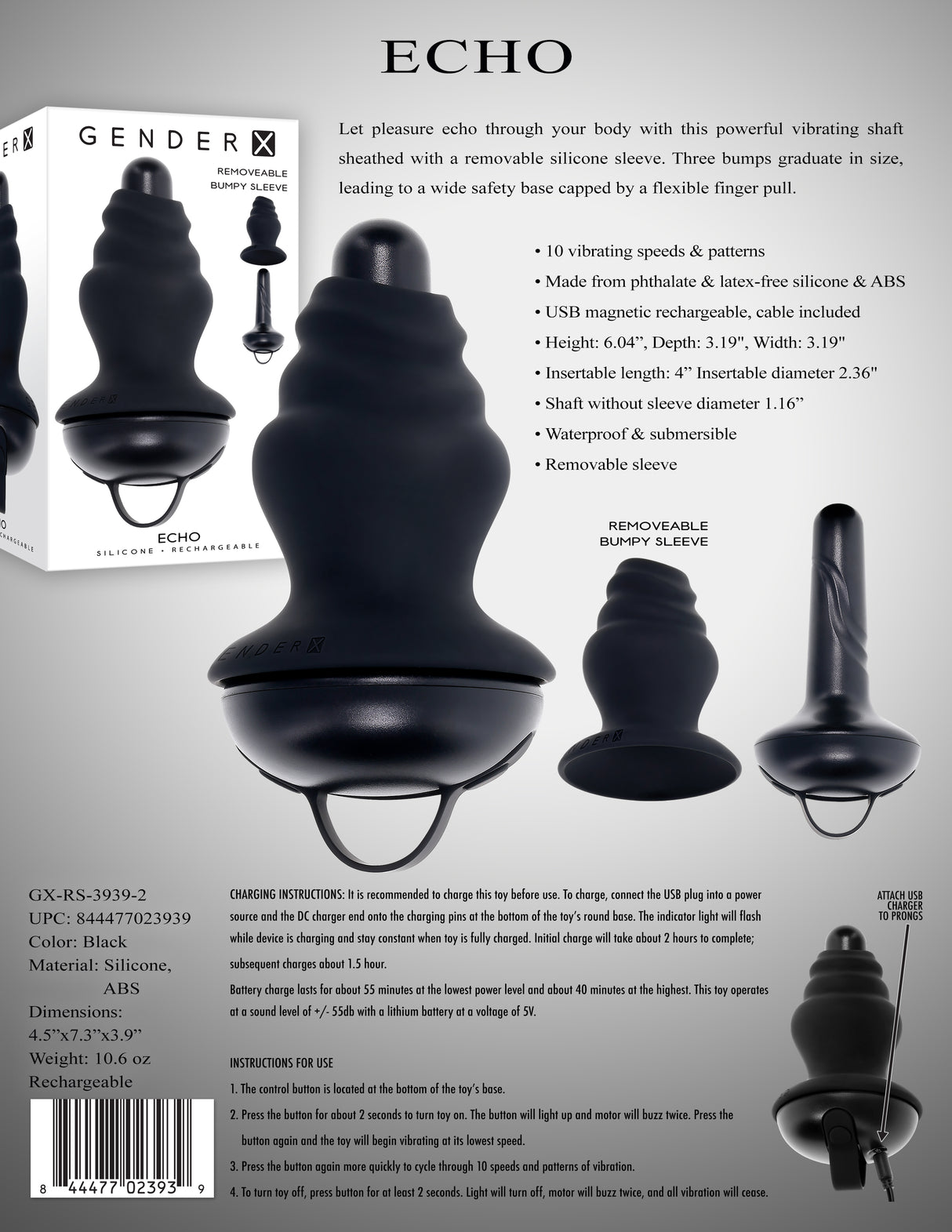 Gender X ECHO - Black 15.3 cm USB Rechargeable Butt Plug - Naughty by Nature Adult Store