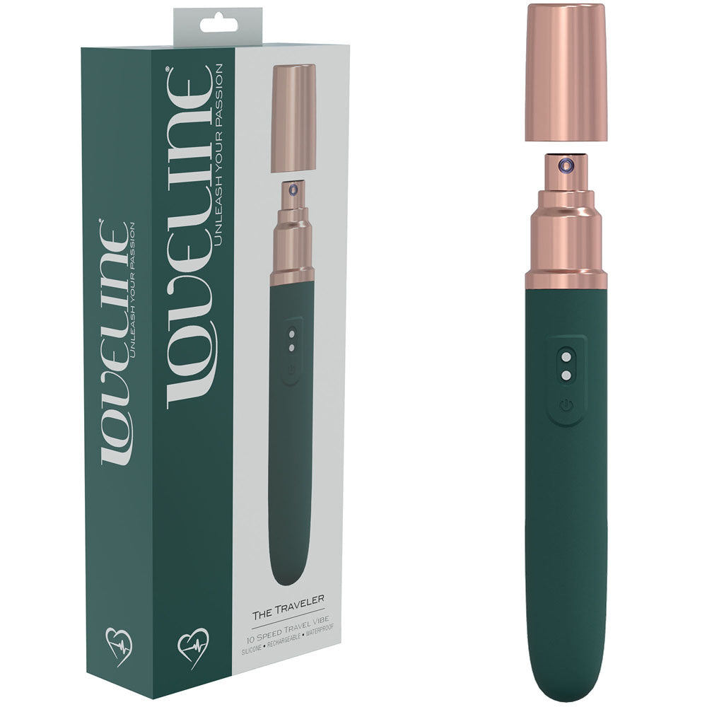 LOVELINE The Traveler - Green - Green 17.6 cm USB Rechargeable Vibrator with Lube Applicator - Naughty by Nature Adult Store
