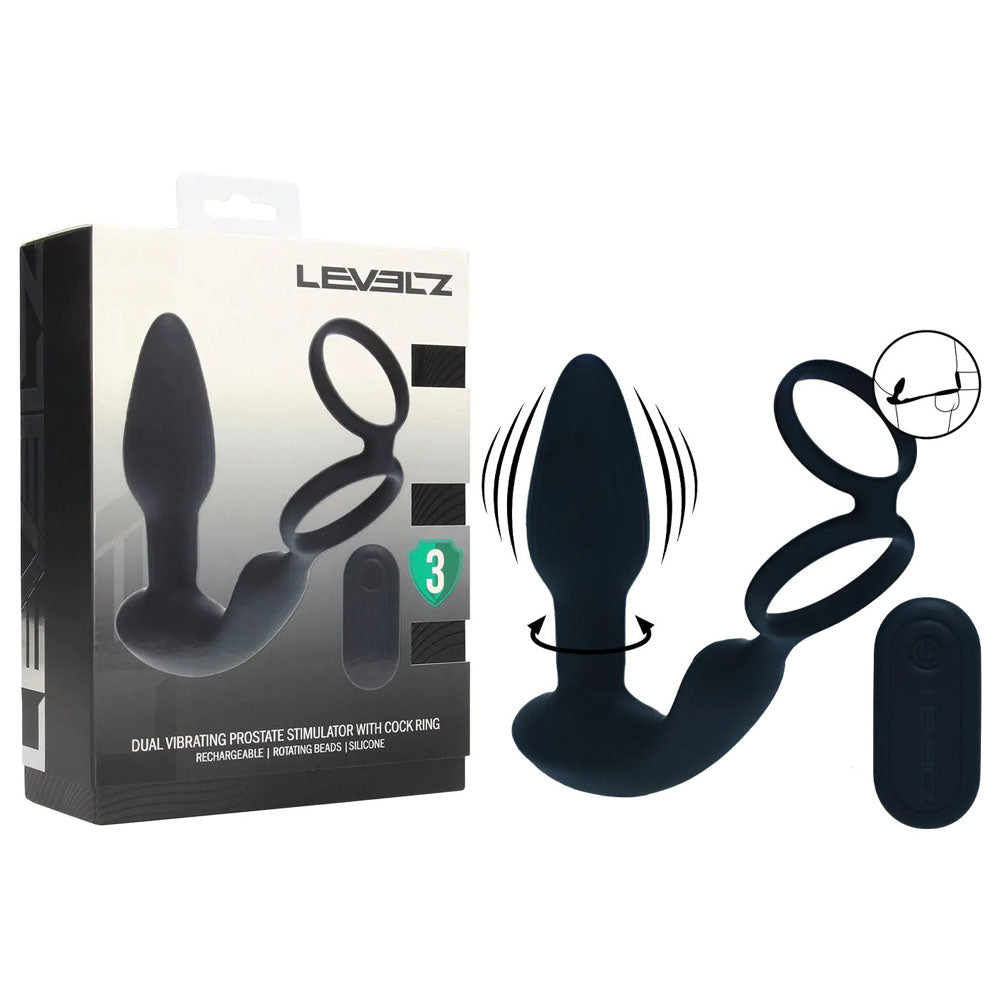 LEVELZ Dual Vibrating Prostate Stimulator With Cock Ring Black USB Rechargeable