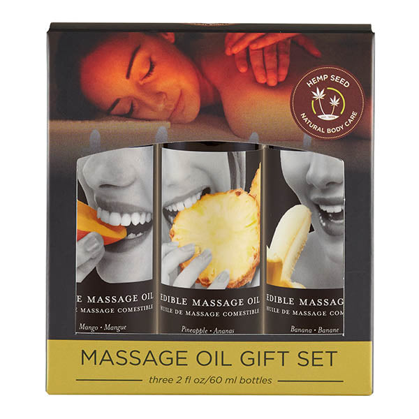 Edible Tropical Massage Oil Trio - Mango, Pineapple & Banana Flavoured - 3 x 59 ml Bottles - Naughty by Nature Adult Store