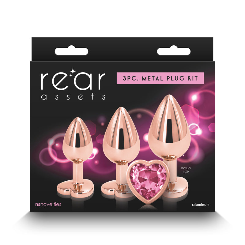 Rear Assets Trainer Kit - Rose Gold - Pink Heart - Rose Gold Metallic Butt Plugs with Pink Hearts - Set of 3 Sizes - Naughty by Nature Adult Store