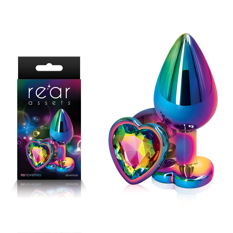 Rear Assets Multi Coloured Heart - Multi Coloured Medium Metal Butt Plug with Rainbow Heart Gem Base - Naughty by Nature Adult Store