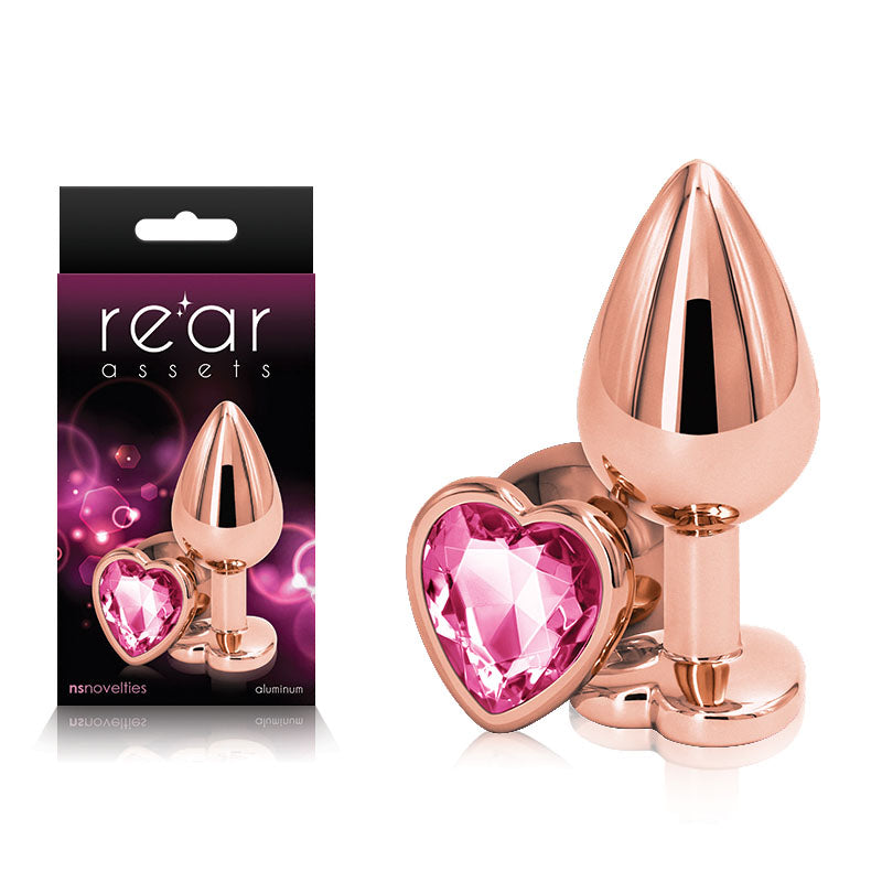 Rear Assets Rose Gold Heart Medium - Rose Gold Medium Metal Butt Plug with Pink Heart Gem Base - Naughty by Nature Adult Store