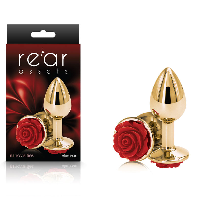 Rear Assets Rose - Small - Gold 7.6 cm Metal Butt Plug with Red Rose Base - Naughty by Nature Adult Store