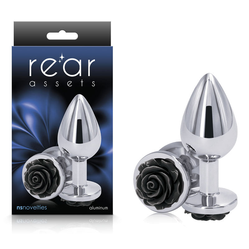 Rear Assets Rose - Medium - Chrome 8.9 cm Metal Butt Plug with Black Rose Base - Naughty by Nature Adult Store