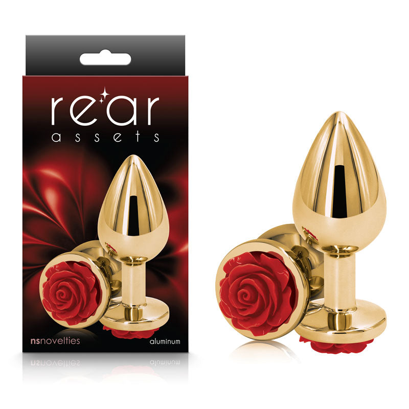 Rear Assets Rose - Medium - Gold 8.9 cm Metal Butt Plug with Red Rose Base - Naughty by Nature Adult Store