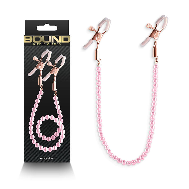 Bound Nipple Clamps - DC1 - Pink - Gold Nipple Clamps with Pink Pearl Chain - Naughty by Nature Adult Store