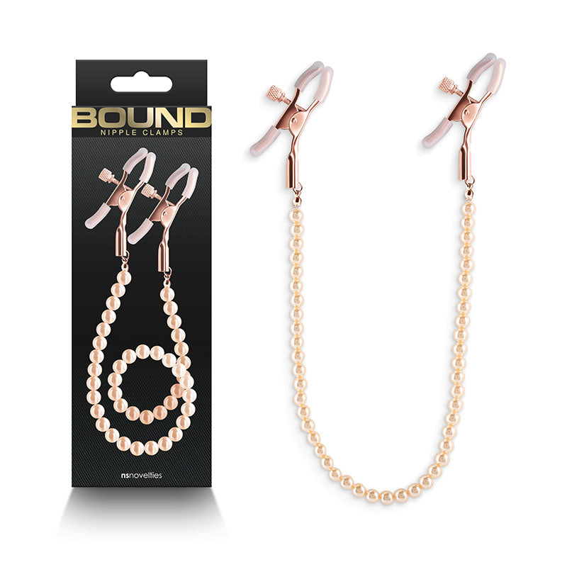 Bound Nipple Clamps - DC1 - Rose Gold - Rose Gold Nipple Clamps with Gold Pearl Chain - Naughty by Nature Adult Store