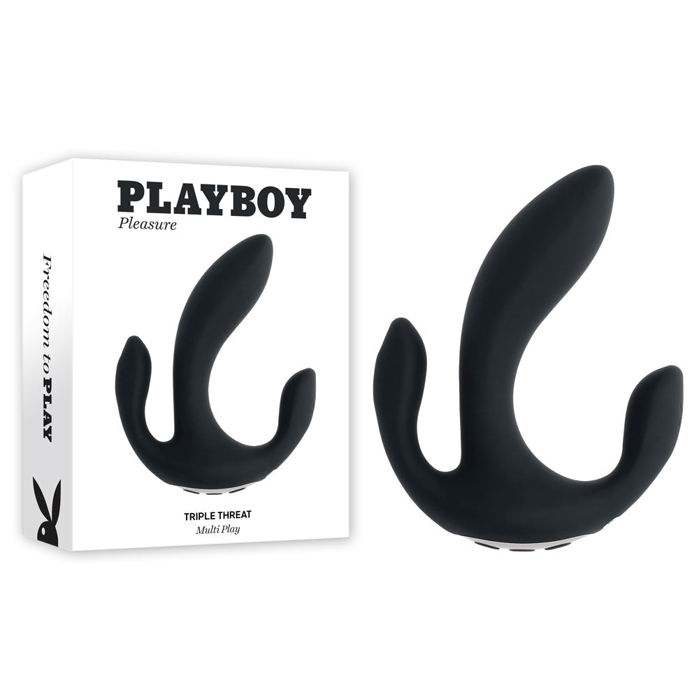 Playboy Pleasure TRIPLE THREAT - Black USB Rechargeable Triple Probe Vibrator - Naughty by Nature Adult Store