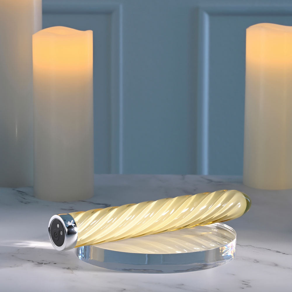 Playboy Pleasure TWIST OF FATE - Yellow Glass Rechargeable Vibrator - Naughty by Nature Adult Store