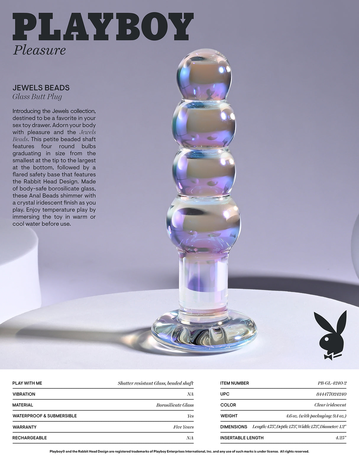 Playboy Pleasure JEWELS BEADS - Clear Glass 12 cm Anal Beads - Naughty by Nature Adult Store