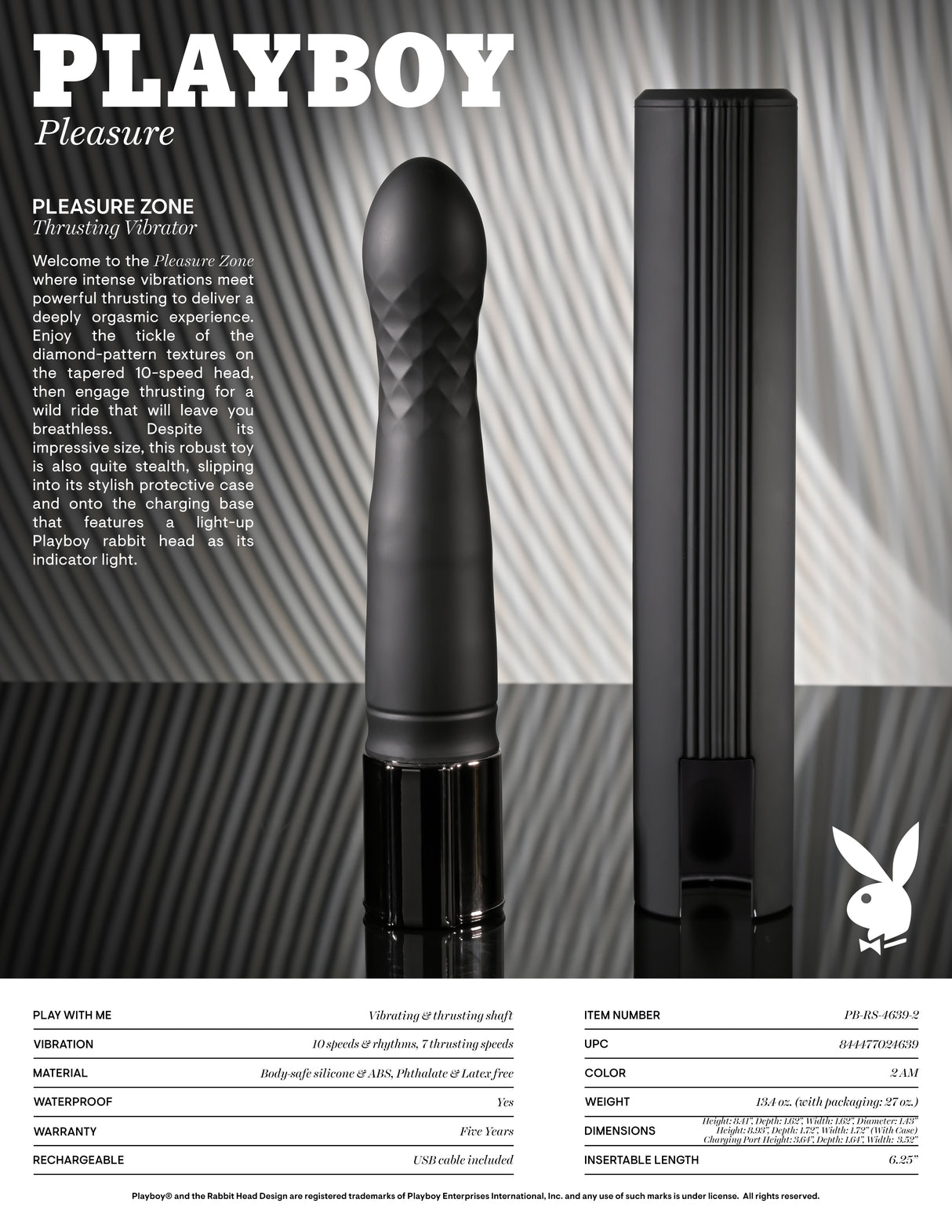 Playboy Pleasure PLEASURE ZONE - Black 21.4 cm Rechargeable Vibrator with USB Charging Dock - Naughty by Nature Adult Store