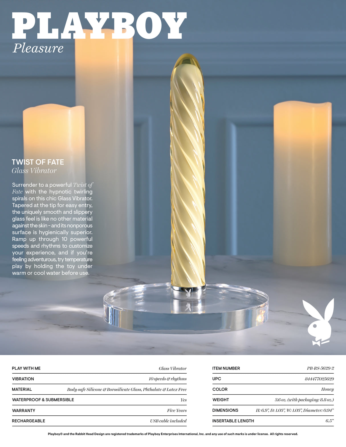 Playboy Pleasure TWIST OF FATE - Yellow Glass Rechargeable Vibrator - Naughty by Nature Adult Store