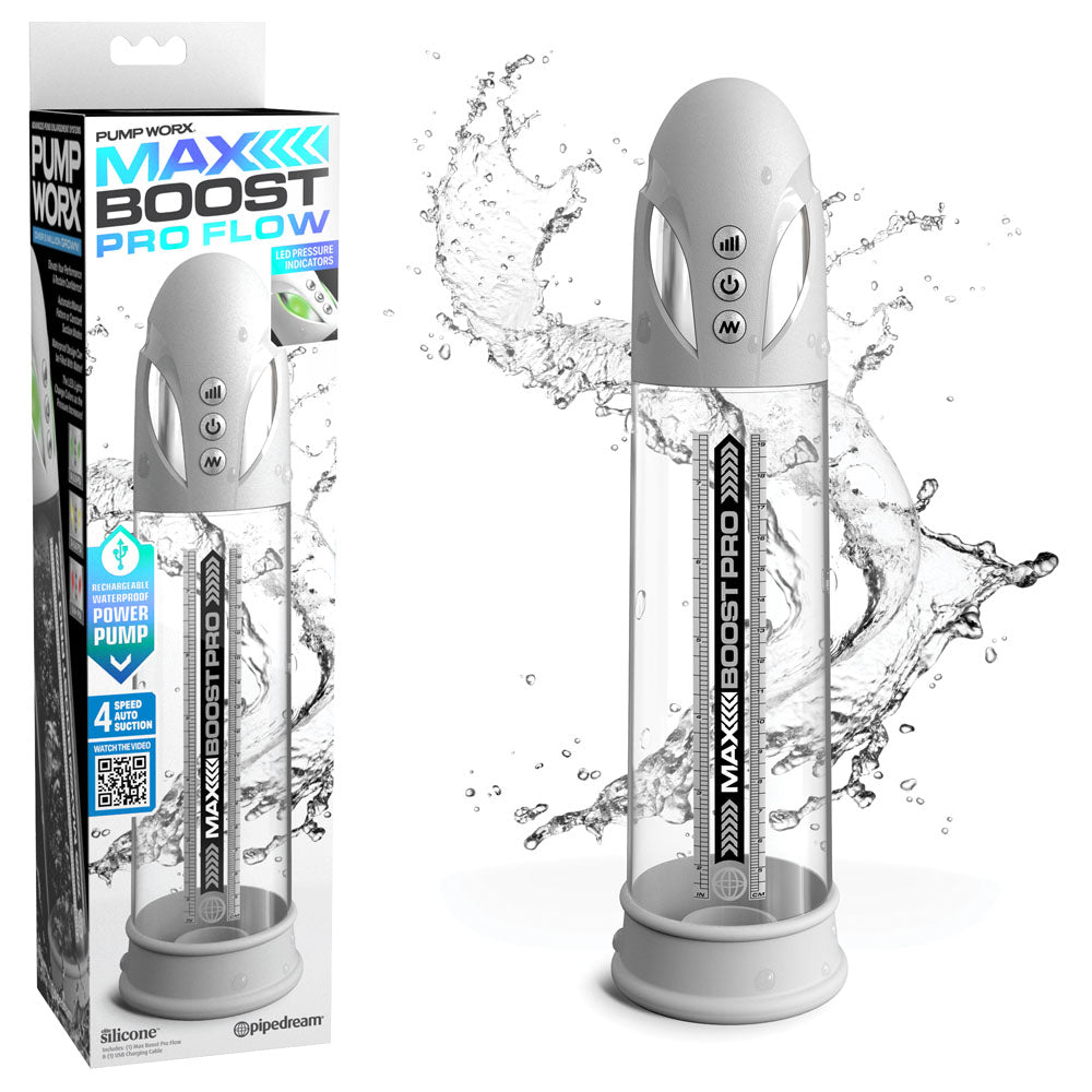 Pump Worx Max Boost Pro Flow - White - White/Clear USB Rechargeable Waterproof Auto Penis Pump - Naughty by Nature Adult Store